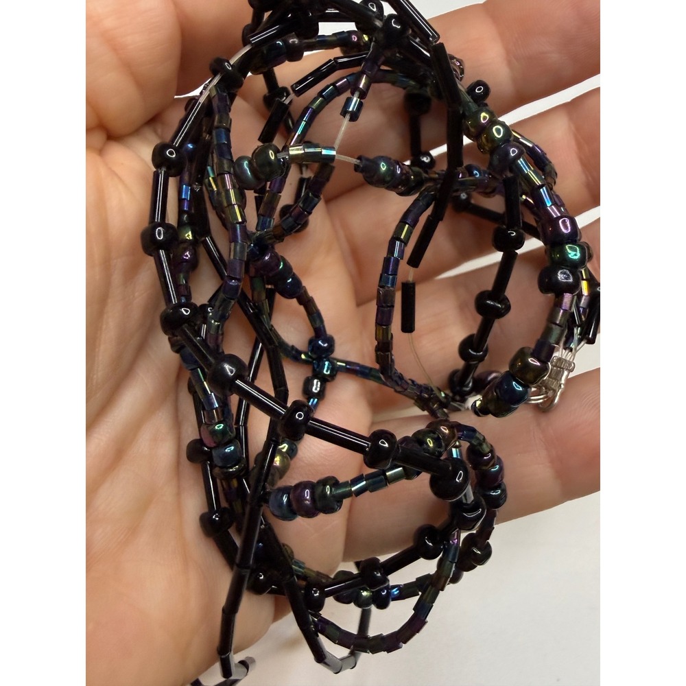 Multi Strand Iridescent Oil Slick Black Beaded Necklace Silver Tone Clasp